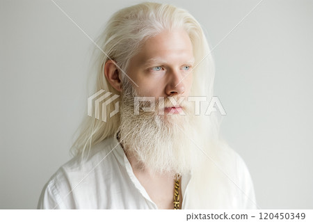 young albino man with white hair and beard, wearing white clothes on a white background, fashionable portrait young albino man with white hair and beard, wearing white clothes on a white background, fashionable portrait 120450349