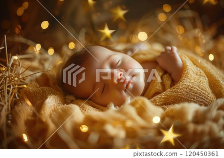Newborn Baby Jesus sleeping in a straw manger, surrounded by bright stars in the night sky Newborn Baby Jesus sleeping in a straw manger, surrounded by bright stars in the night sky 120450361