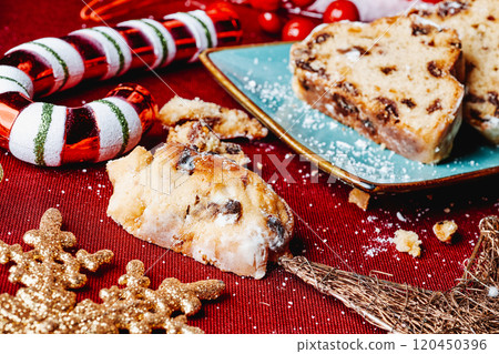 plate with some slices of christmas stollen plate with some slices of christmas stollen 120450396