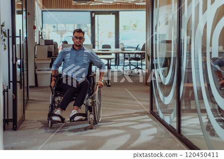 In a large modern corporation, a determined businessman in a wheelchair navigates through a hallway, embodying empowerment and inclusivity in the corporate world. In a large modern corporation, a determined businessman in a wheelchair navigates through a hallway, embodying empowerment and inclusivity in the corporate world. 120450411