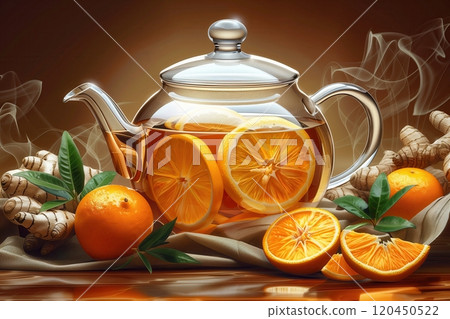 orange tea in a glass teapot 120450522