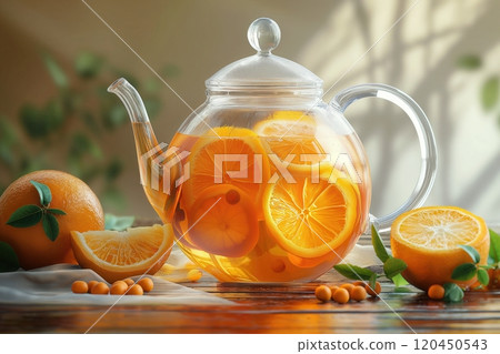 orange tea in a glass teapot orange tea in a glass teapot 120450543