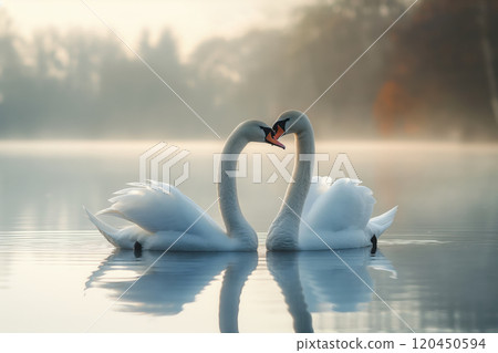 a pair of graceful swans on the lake, love and fidelity 120450594