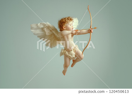 cute curly baby cupid shoots an arrow from his bow, valentines day 120450613