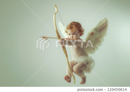cute curly baby cupid shoots an arrow from his bow, valentines day 120450614