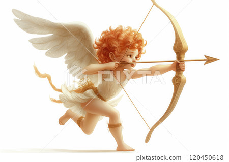 cute curly baby cupid shoots an arrow from his bow, valentines day 120450618