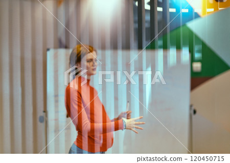 A pregnant business woman with orange hair confidently presents her business plan to colleagues in a modern glass office, embodying entrepreneurship and innovation A pregnant business woman with orange hair confidently presents her business plan to colleagues in a modern glass office, embodying entrepreneurship and innovation 120450715