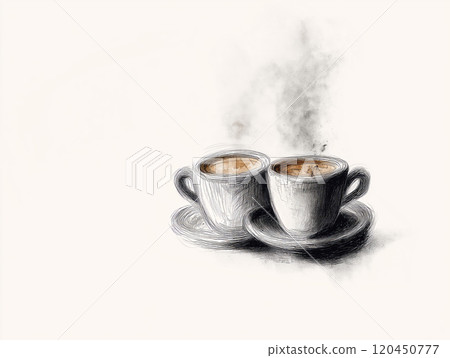 Artistic digital sketch of two steaming coffee cups on saucers with a minimalistic style 120450777