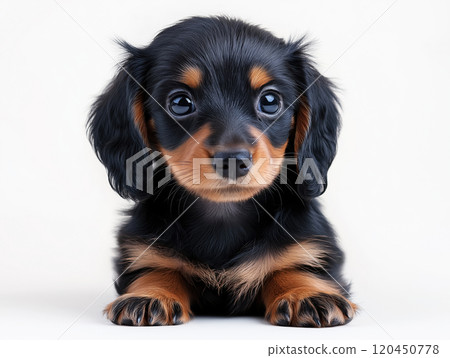 Adorable dachshund puppy with shiny black and tan fur 120450778