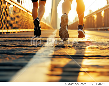 Close-up of two runners' legs on a wooden bridge during sunrise Close-up of two runners' legs on a wooden bridge during sunrise 120450790