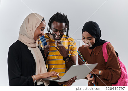 A group of students, including an African American student and two hijab-wearing women, stand united against a pristine white background, symbolizing a harmonious blend of cultures and backgrounds in A group of students, including an African American student and two hijab-wearing women, stand united against a pristine white background, symbolizing a harmonious blend of cultures and backgrounds in 120450797