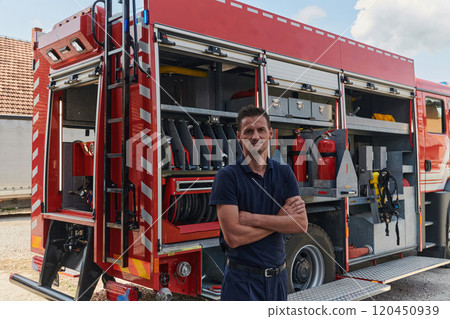 Confident firefighter stands with crossed arms, exuding resilience and preparedness, ready to respond to emergencies alongside a modern fire truck, showcasing the heroism and strength of the fire 120450939