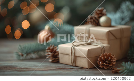 craft boxes on wooden table, fir branches and bokeh, banner for your festive Christmas decor 120450962