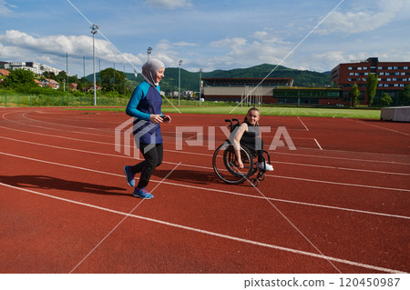 A Muslim woman in a burqa running together with a woman in a wheelchair on the marathon course, preparing for future competitions. 120450987