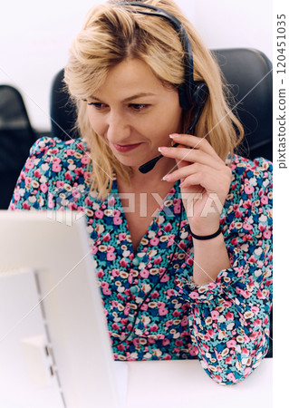 Friendly Call Center Agent Answering Incoming Calls with Headset Providing Remote Customer Service. 120451035