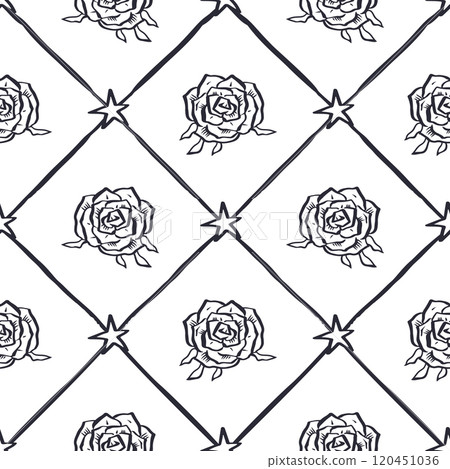 Seamless pattern with hand drawn black and white rose flowers inside trellis 120451036