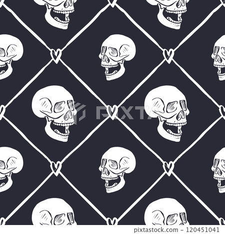 Seamless pattern with hand drawn black and white human skulls inside trellis Seamless pattern with hand drawn black and white human skulls inside trellis 120451041