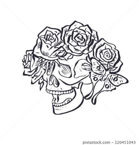 Hand drawn black outline floral human skull with rose wreath isolated on white background Hand drawn black outline floral human skull with rose wreath isolated on white background 120451043