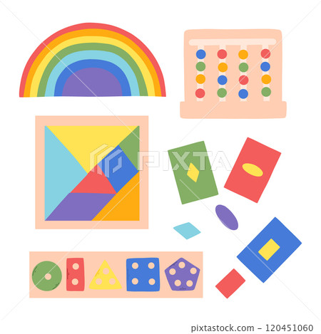 Educational toys for children. Vector illustration of eco children games. Insulated Montessori children toy. Flat style. 120451060