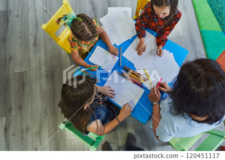 Creative kids during an art class in a daycare center or elementary school classroom drawing with female teacher. 120451117