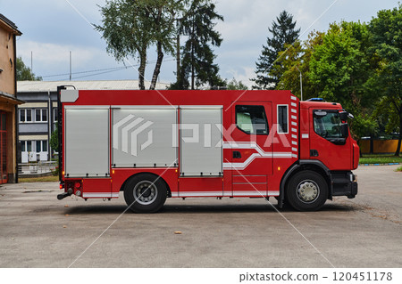 A state-of-the-art firetruck, equipped with advanced rescue technology, stands ready with its skilled firefighting team, prepared to intervene and respond rapidly to emergencies, ensuring the safety 120451178