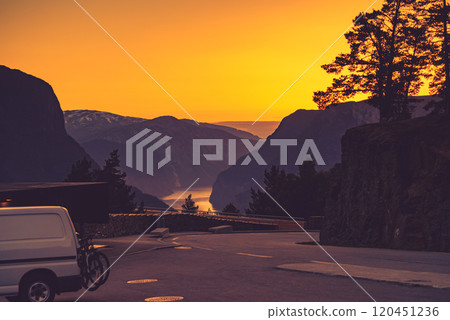 Van on parking area at Stegastein viewpoint Norway Van on parking area at Stegastein viewpoint Norway 120451236