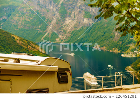 Camper over fjord Geirangerfjord, Norway 120451291