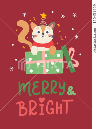 Christmas cat card. Cute funny feline with Christmas presents. Vector card design template Christmas cat card. Cute funny feline with Christmas presents. Vector card design template 120451409