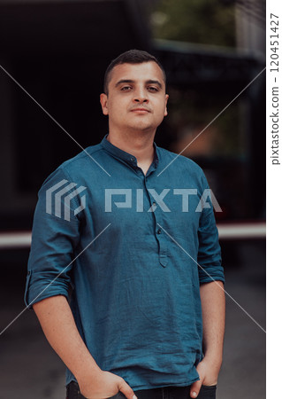 A portrait of a modern man, exuding confidence and style, against an outdoor backdrop, showcasing his charisma and fashionable demeanor. 120451427
