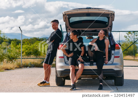 Morning Prep Team of Athletes Gearing Up for Run Beside Car. 120451497