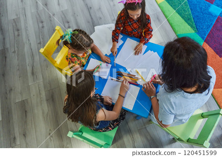 Creative kids during an art class in a daycare center or elementary school classroom drawing with female teacher. Creative kids during an art class in a daycare center or elementary school classroom drawing with female teacher. 120451599