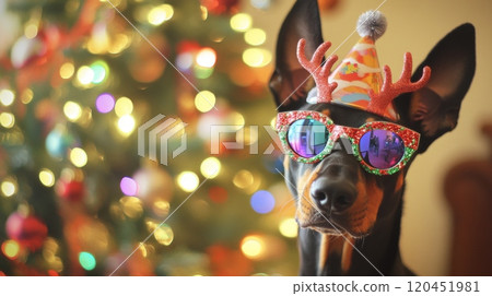 Playful Dog with Festive Antler Glasses and Green Bow in Front of Cozy Christmas Tree with Bokeh Lights Playful Dog with Festive Antler Glasses and Green Bow in Front of Cozy Christmas Tree with Bokeh Lights 120451981