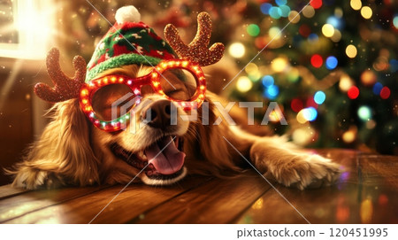 Playful Dog with Festive Antler Glasses and Green Bow in Front of Cozy Christmas Tree with Bokeh Lights 120451995