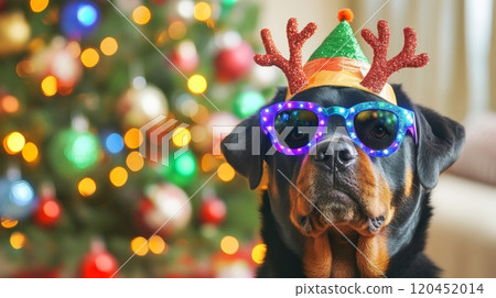 Playful Dog with Festive Antler Glasses and Green Bow in Front of Cozy Christmas Tree with Bokeh Lights 120452014