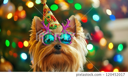 Playful Dog with Festive Antler Glasses and Green Bow in Front of Cozy Christmas Tree with Bokeh Lights 120452017