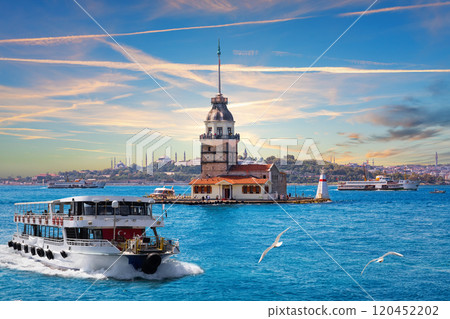 The cruise boat on the Bosphorus near the Maiden's Tower, Istanbul, Turkey The cruise boat on the Bosphorus near the Maiden's Tower, Istanbul, Turkey 120452202