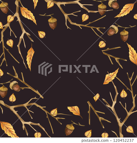 Acorns, bare tree branches, yellow leaves, round frame. All objects are hand-drawn with brown, yellow watercolor. Watercolor illustration. For printing on fabric, paper, for invitations, postcards. Acorns, bare tree branches, yellow leaves, round frame. All objects are hand-drawn with brown, yellow watercolor. Watercolor illustration. For printing on fabric, paper, for invitations, postcards. 120452237