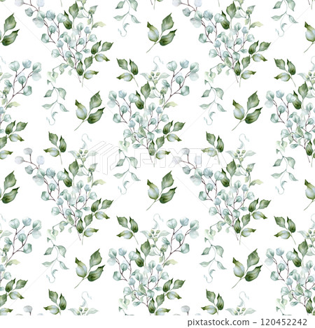 Watercolor foliage seamless pattern in sage green colors isolated. Eucalyptus branches and holly leaves on delicate repeated texture in soft green hand painted. Greenery background design textile. 120452242