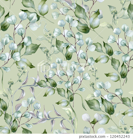 Holly leaves, eucalyptus branches and wavy liana in pastel seamless pattern isolated. Delicate watercolor foliage on repeated texture in sage green painted. Soft green flora background for design. 120452243