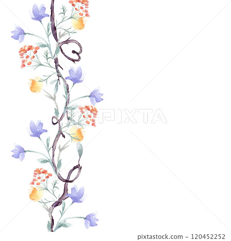 Vertical seamless border of tree branches with floral elements watercolor isolated. Twigs on repeated pattern with delicate blue red blooms hand drawn. Nature design of simple botanical art for cards. Vertical seamless border of tree branches with floral elements watercolor isolated. Twigs on repeated pattern with delicate blue red blooms hand drawn. Nature design of simple botanical art for cards. 120452252