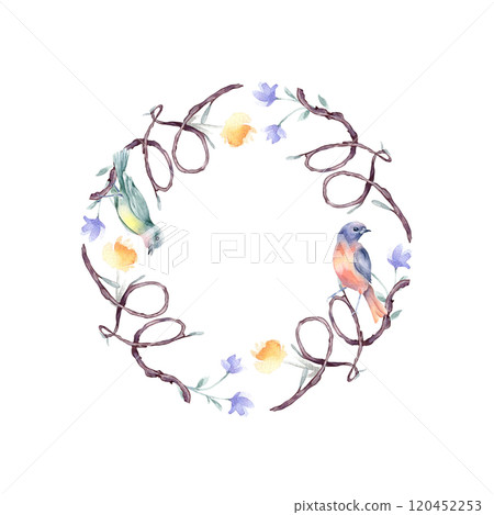 Romantic circle frame of shaped heart by twig in watercolor painted isolated. Delicate wreath of branches, simple flowers and birds hand drawn. Elements for natural designs, Valentine, rustic wedding Romantic circle frame of shaped heart by twig in watercolor painted isolated. Delicate wreath of branches, simple flowers and birds hand drawn. Elements for natural designs, Valentine, rustic wedding 120452253