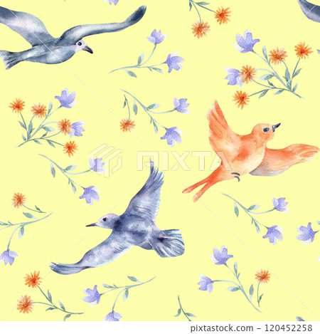 Watercolor seamless pattern birds and flowers isolated. Botanical repeated texture with flying birds in blue orange colors hand drawn. Colorful birds and simple blooms design pattern for textile. 120452258