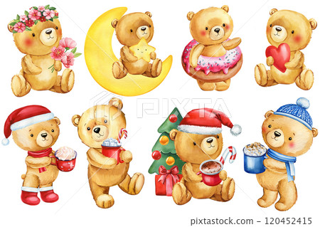 Watercolor teddy bear in Santa hat, mug of cocoa, gift and red heart. festive holiday illustration set isolated white 120452415