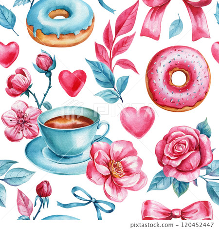 Sweet seamless pattern of donut, flowers and cups saucers. Watercolor rose, leaves ,bows and heart for Valentine's Day 120452447