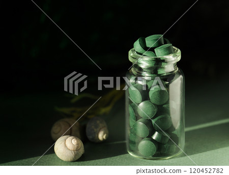 Spirulina Chlorella in glass jar, sea shells on green background. Antioxidant nutrition. Bio-energy, biofuel, energy research. Copy space Spirulina Chlorella in glass jar, sea shells on green background. Antioxidant nutrition. Bio-energy, biofuel, energy research. Copy space 120452782