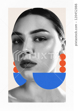 Contemporary art collage. Close-up portrait of young woman featuring bold abstract elements, highlighting individuality and modern artistic expression. 120452866