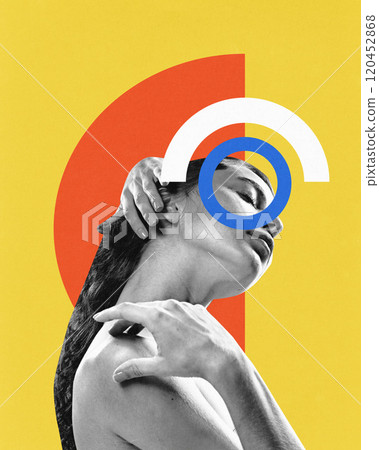 Contemporary art collage. Black-and-white portrait of woman intertwined with colorful abstract shapes, representing artistic self-expression. 120452868