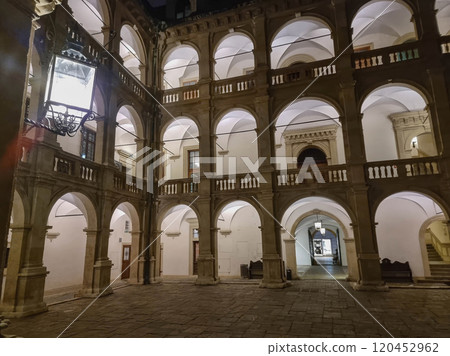 The arcaded inner courtyard of The Styrian Armoury (Landhaus building), a masterpiece of the Italian Renaissance, by night, in Graz, Steiermark, Austria 120452962