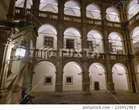 The arcaded inner courtyard of The Styrian Armoury (Landhaus building), a masterpiece of the Italian Renaissance, by night, in Graz, Steiermark, Austria The arcaded inner courtyard of The Styrian Armoury (Landhaus building), a masterpiece of the Italian Renaissance, by night, in Graz, Steiermark, Austria 120452963