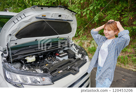 Woman holding her head in front of her car, flat tire, trouble Woman holding her head in front of her car, flat tire, trouble 120453206